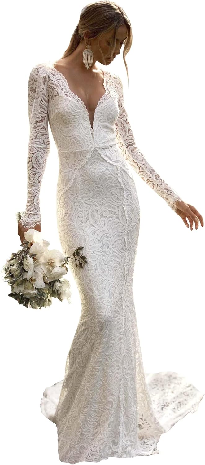 Wedding Dresses for Bride Mermaid Lace Long Sleeve Off Shoulder Bridal Dress for Women