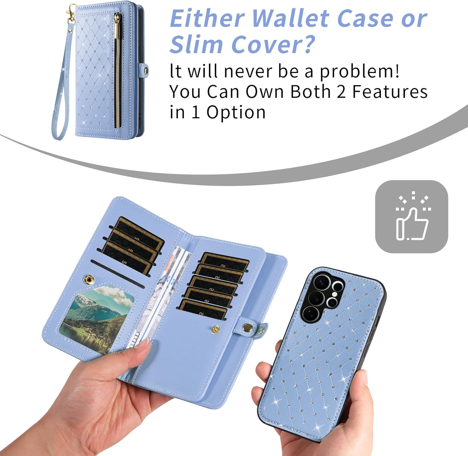 Phone Case for Samsung Galaxy S26 Ultra 5G Zipper Wallet Detachable Cell Cover with Screen Protector Crossbody Strap Bling Flip Credit Card Holder S26Ultra 26S S 26 26Ultra 6.9 2026 Women Light Blue
