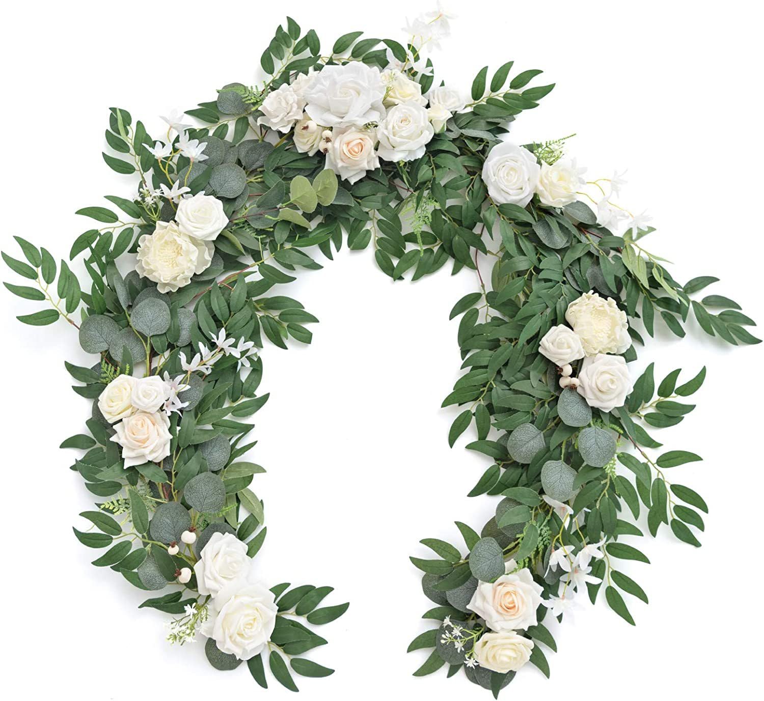Künstliche Eukalyptus-Girlande mit Blumen, künstliches Grün, 1,8 m, Elfenbeinweiß