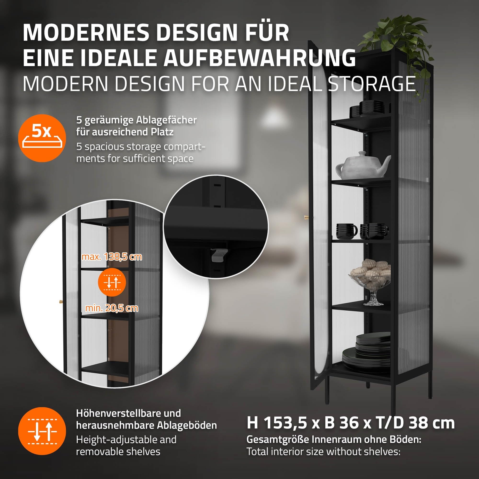 ML-Design gablota 42x175x40 cm czarna waska gablota z 5 pólkami i 1 drzwiami metalowa gablota do salonu wykonana ze stali styl industrialny wysoka gablota regal szafka na dokumenty szafka biurowa