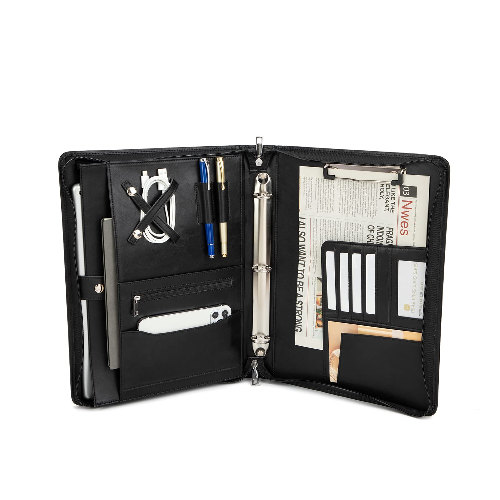 Portadocumenti professionale in pelle vegana a 3 anelli con porta blocco, maniglia nascosta, cerniera 21,6 x 27,9 cm, organizer professionale per uomini e donne, nero