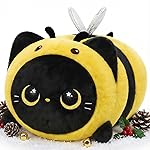 Mewaii Cute Black Cat Bee Plush Pillow, Kawaii Plushies Bee Stuffed Toy, Kitten Plushies with Honeybee Outfit Costume, Soft Squishy Bee Gift for Girls & Kids (8 Inch)