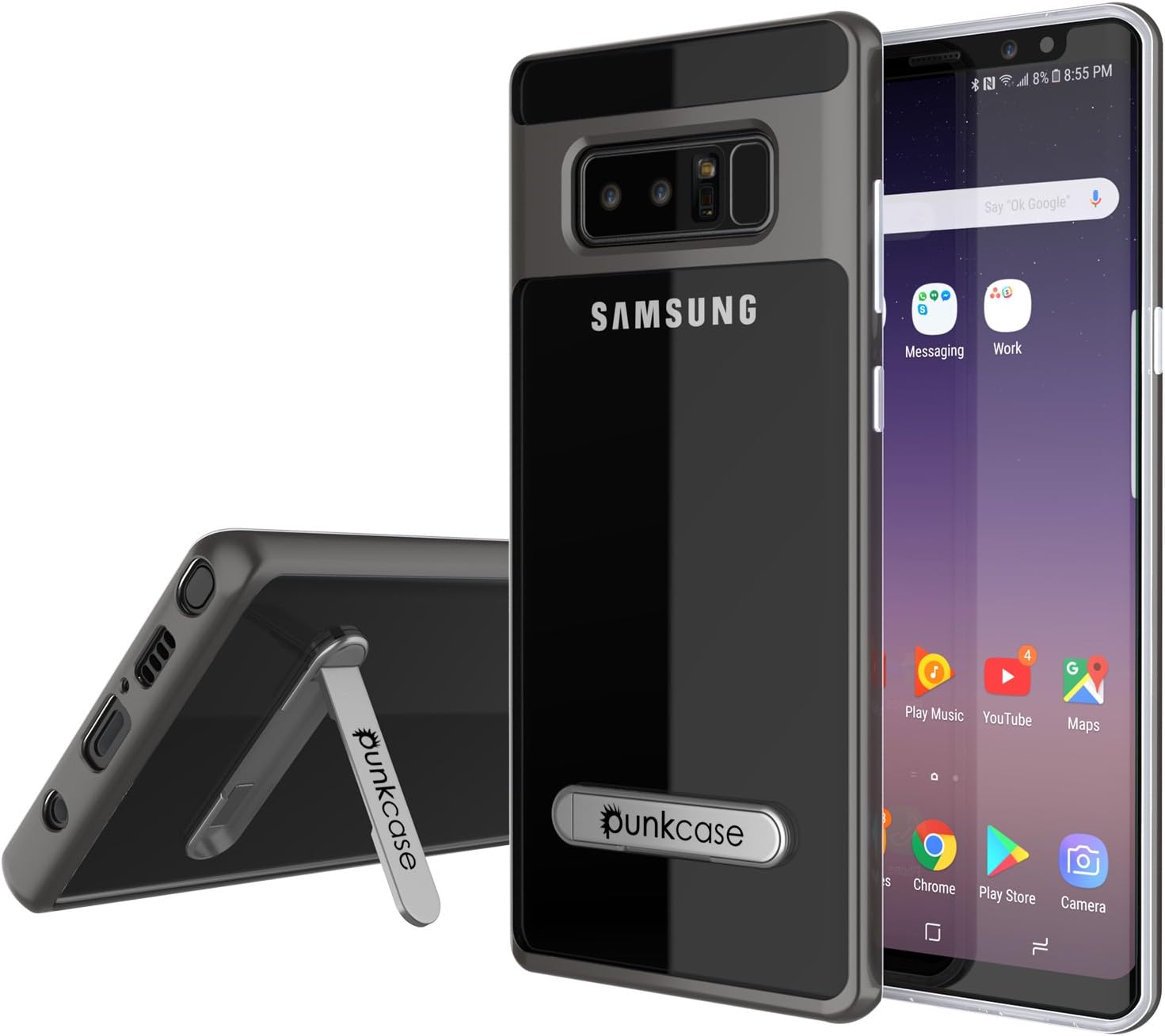Galaxy Note 8 Case, PUNKcase [Lucid 3.0 Series] [Slim Fit] [Clear Back] Armor Cover w/Integrated Kickstand, Anti-Shock System & PUNKSHIELD Screen Protector for Samsung Galaxy Note 8 [Grey]