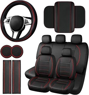 14 PCS Leather Car Seat Covers Full Set, 14.5”-15'' Sporty Steering Wheel Cover Universal, Center Console Cove