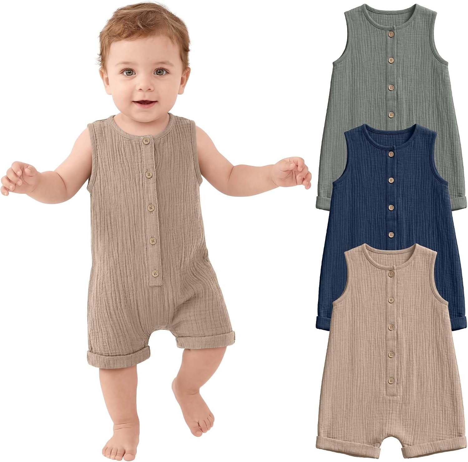 Halfchet 3 Pack Baby Boys Jumpsuit Cotton Newborn Romper Sleeveless Button Infant Playsuit Summer Outfit Clothes 0-24M