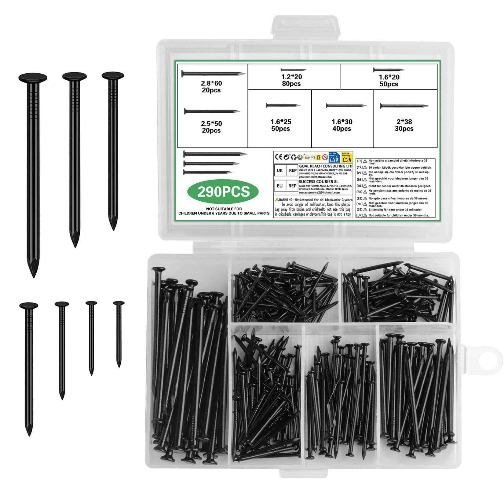 290 Stück Stahlnägel Set, Nägel Bilder Aufhängen, Nagel Set, Stahlnägel für Betonwände Bildernägel Betonnägel Trockenbau Holznägel Handwerk und Basteln(7 Größen)