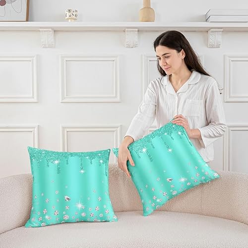 Miniatura 5 de Feelyou Juego de 2 fundas de almohada de diamantes para exteriores, funda de cojín verde azulado para decoración del hogar, sala de estar, funda de