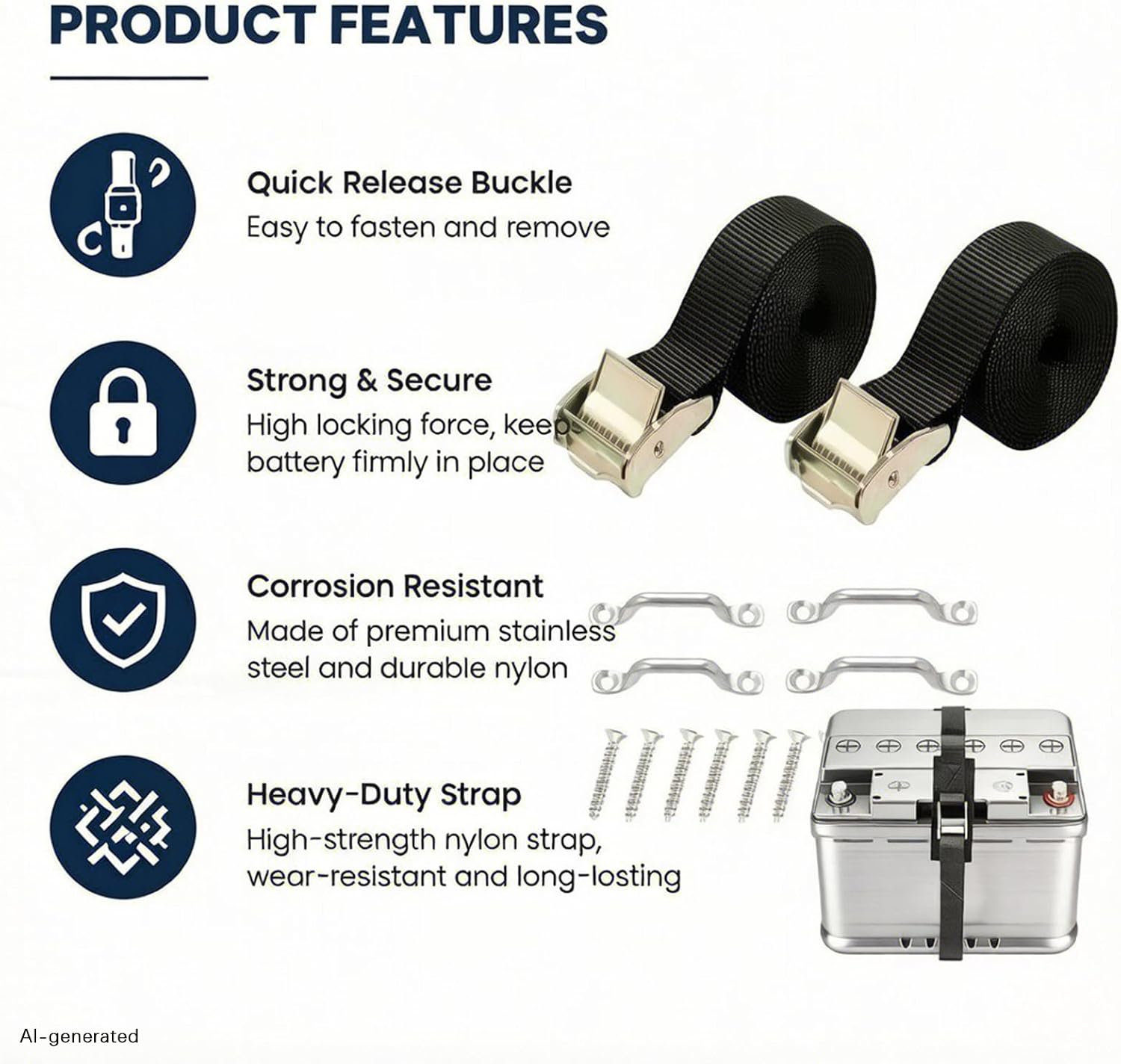 Battery tie Strap Fixing kit Stainless Steel Bracket, Universal Fastening Strap for car, RV, Marine Battery, Refrigerator
