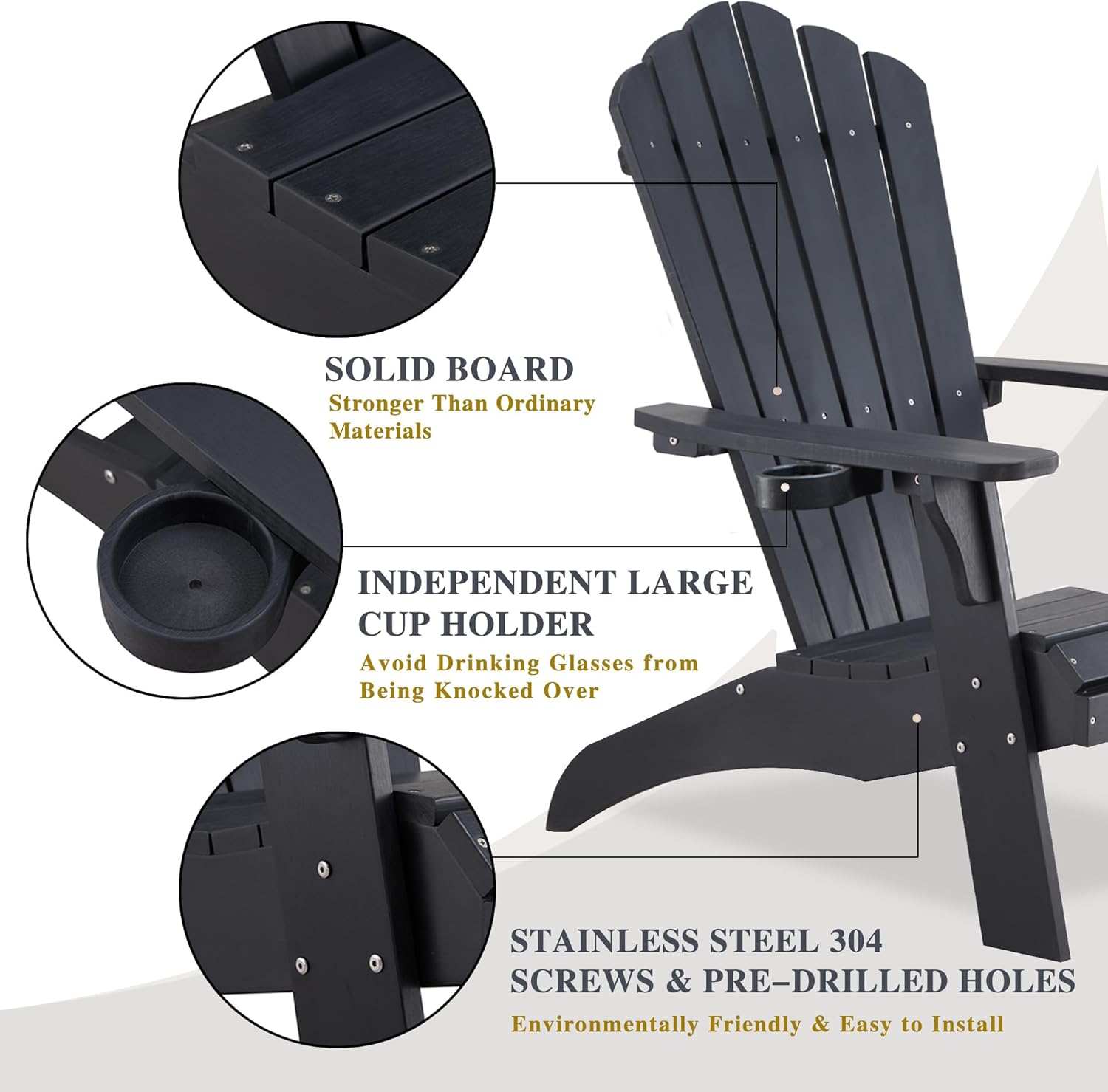 Psilvam Adirondack Chair, Oversized Poly Lumber Fire Pit Chair with Cup Holder, 350Lbs Support Patio Chairs for Garden, Weather Resistant Outdoors Seating, Relaxing Gift for Father & Mother (2, Black)