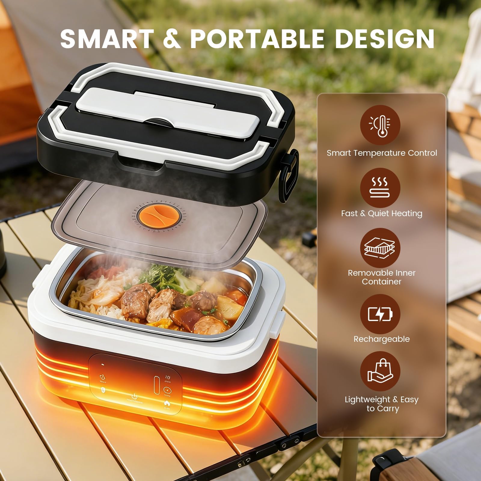 Ciotola riscaldata a batteria 30000 mAh, 100 W, contenitore riscaldante ricaricabile 1,3 l, in acciaio inossidabile, con contenitore riscaldante per pasto con timer, sacchetto isotermico posate