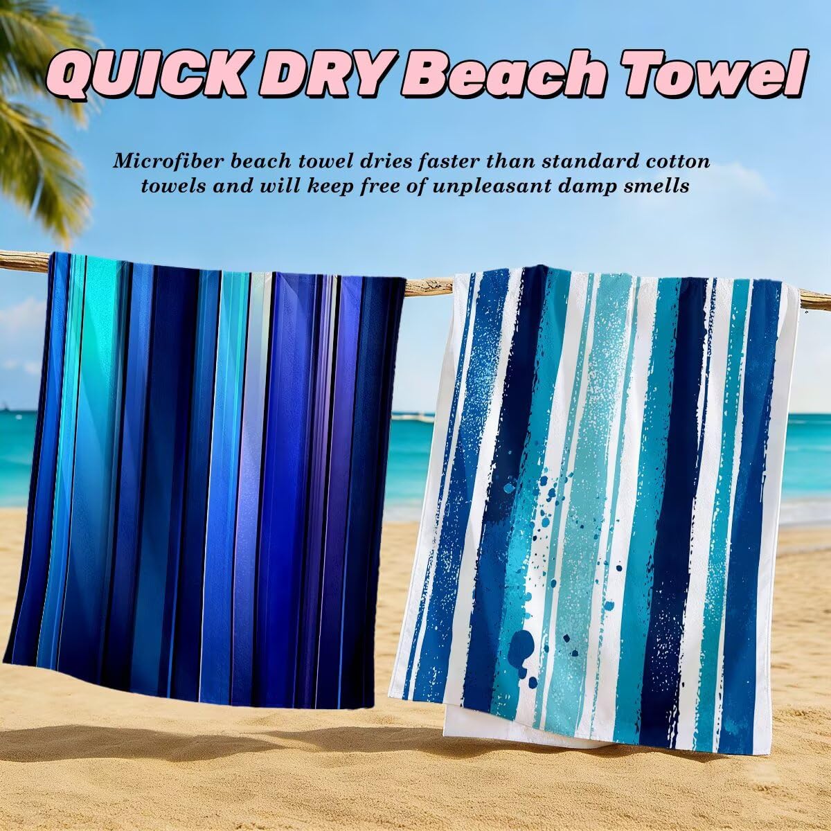 Toalla Playa 80x160 cm, Toalla Gimnasio Microfibra Secado Rapido, Juego de 2 Antiarena Toallas de Playa, Ligera Compacta Toallas Microfibra Grande para Viaje, Regalo Hombre Mujer (A rayas) -4175