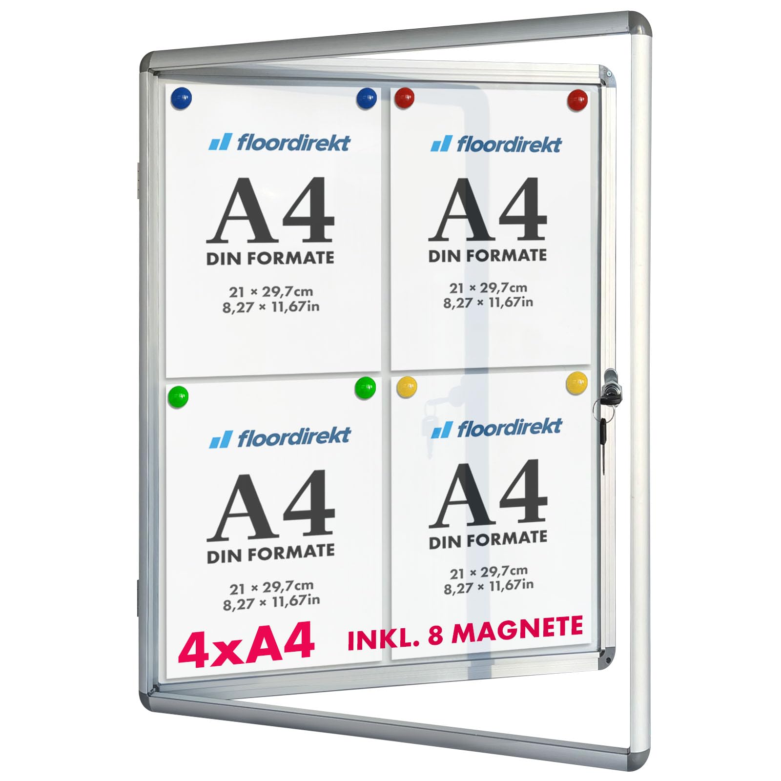 Floordirekt | Panneau d'affichage en aluminuim, vitrine d'affichage avec Serrure à clé | Panneau arrière magnétique - Porte avec Serrure - Cadre en Aluminium | 24 aimants Inclus| 4 x A4