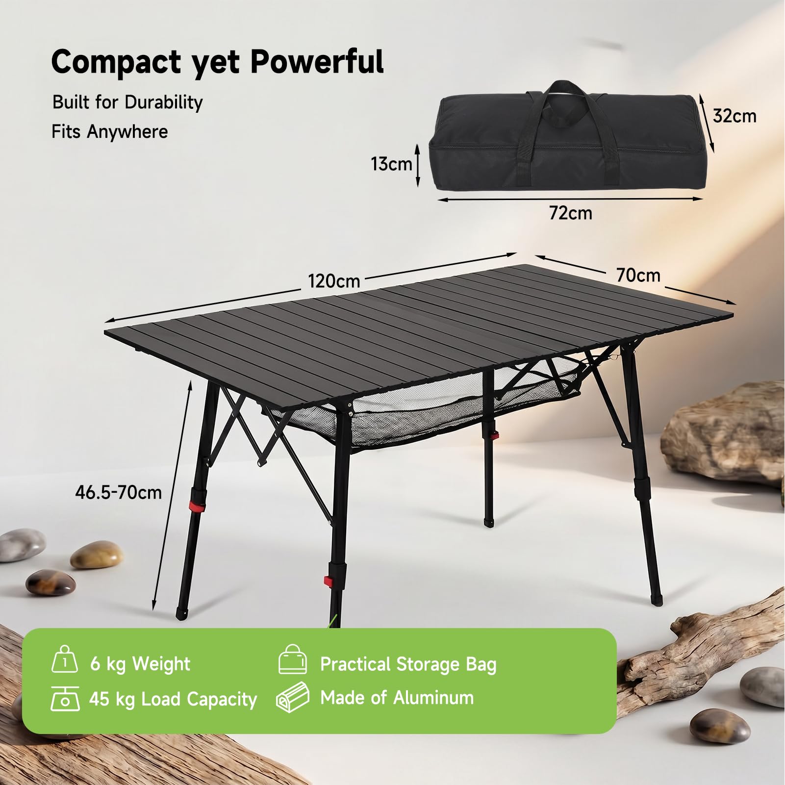 HAUSPROFI Table de camping pliable avec cadre en aluminium - Plateau de table enroulable - Réglable en hauteur - 120 x 70 cm - Jusqu'à 100 kg - Avec sac de transport avec sangle de transport et sac en