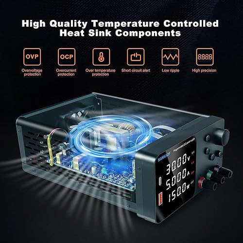 Miniatura 14 de Fuente de alimentación CC, fuente de alimentación de banco de 30 V 10 A con ajuste de codificador, carga rápida USB y tipo C de 5 V/3.6 A, fuentes