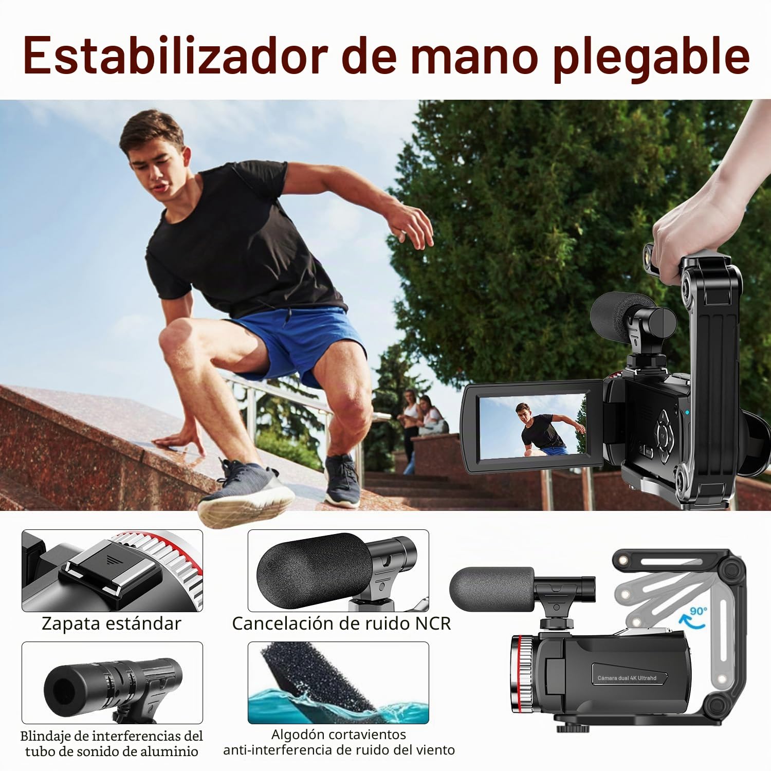 Cámara de vídeo 4K 64MP Videocámara Vlogging Cámara,Doble Objetivo 3" 270° Pantalla giratoria Vlog Cámara con Tarjeta de 64GB, Micrófono, Estabilizador,Control Remoto,2 Baterías