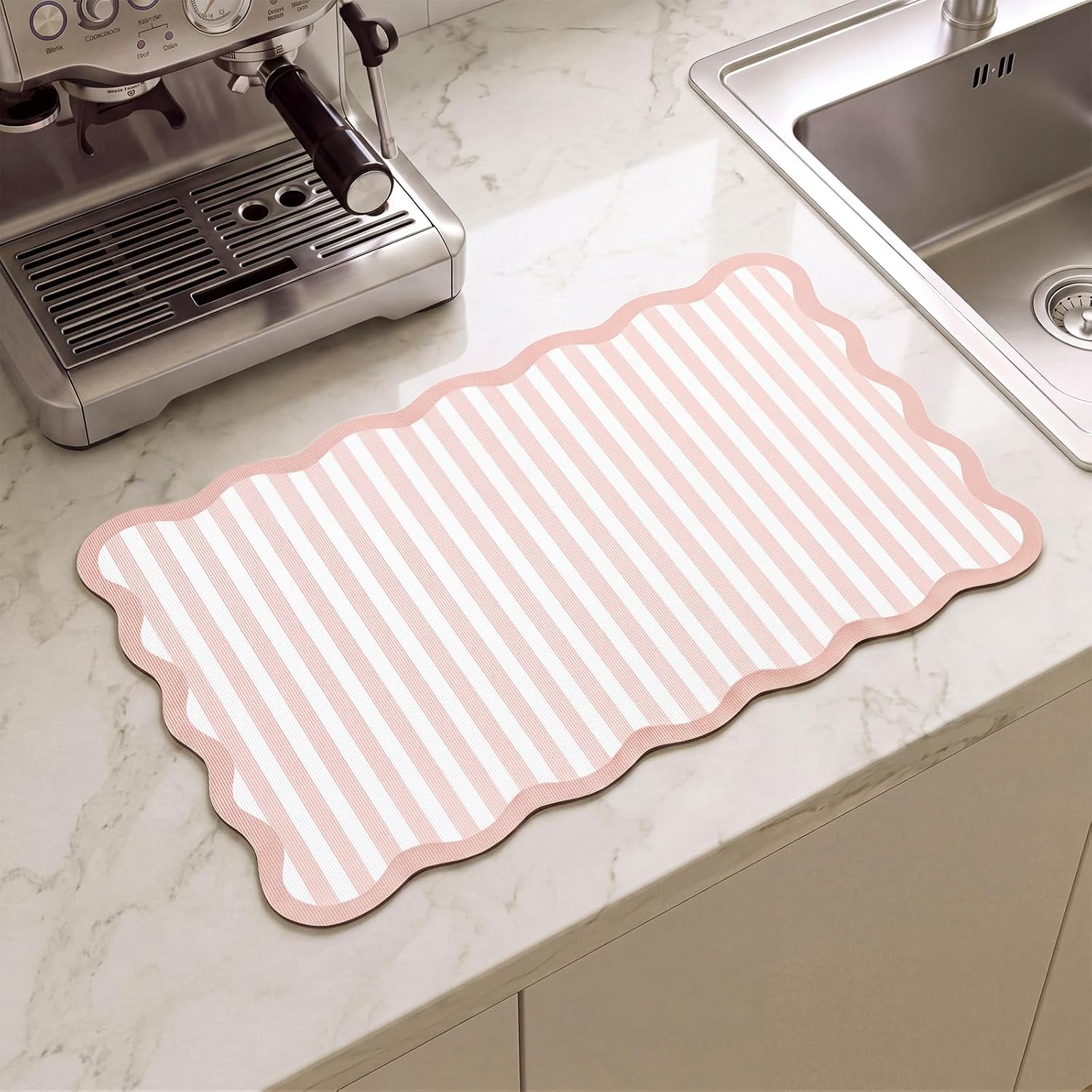 Scalloped Beige Striped Coffee Mat 12" x 20" Dish Drying Mats