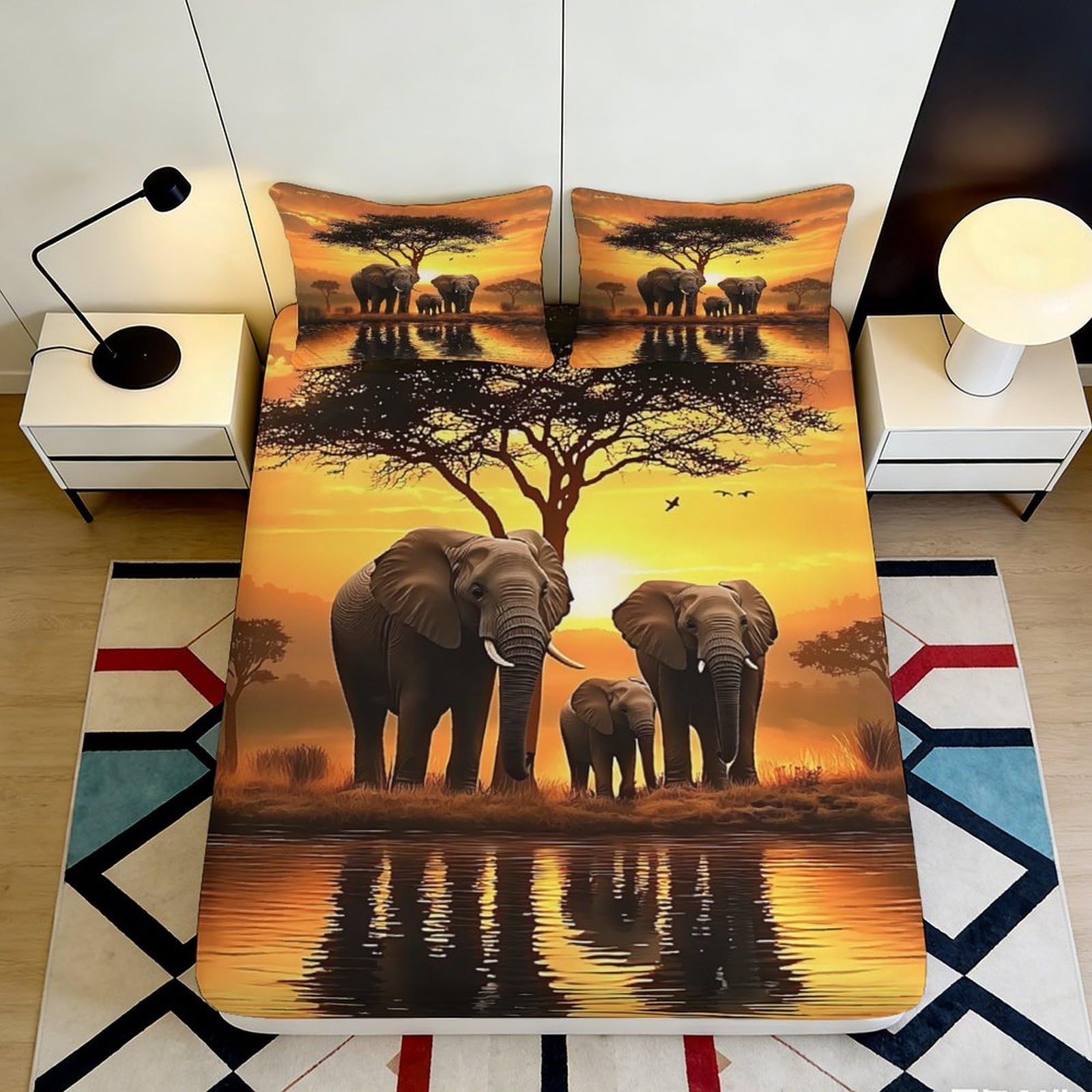 3D Printed African Elephant Fitted Sheet Microfiber Soft Breathable Sunset Bed Cover for Bedroom Dormitory Guest Room Mattress Protection Decor 90x200x25cm
