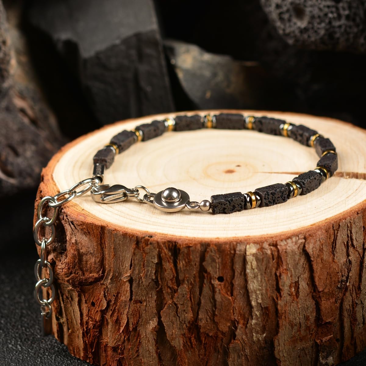 Men's Hematite Lava Rock Beaded Bracelet, Original Stylish Design, Adjustable Stainless Steel Handmade Bracelet, Gift for Dad Boyfriend Husband