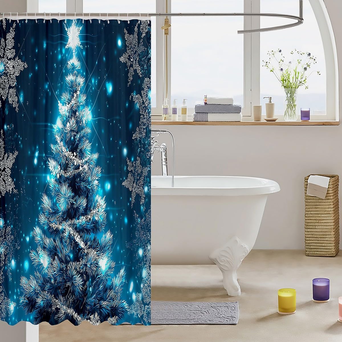 Christmas Waterproof Shower Curtain Girls Glitter Blue Christmas Tree Bath Curtain for Adult Women Kids Bathroom Decor Merry Christmas Winter Snowflake Blue Xmas Shower Curtain With Hooks,72" W x72" L image 4