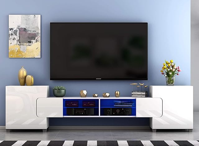 Panana Modern Large TV Stand Cabinet Unit with LED Lights 230cm Width TV Desk with Storage Drawer for Entertainment Living Room Furniture (All White Sideboard Matt)