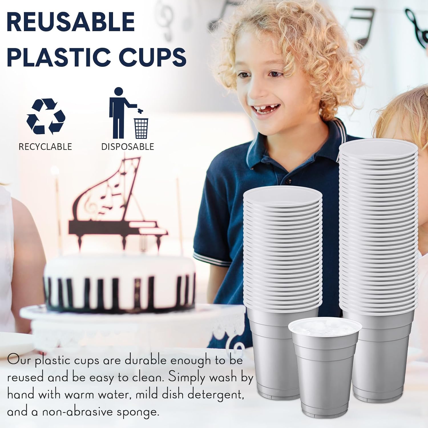 Dandat 200 Pcs 18 oz Plastic Disposable Cups Bulk Heavy Duty Large Cold/Hot Drinking Cups Disposable Container for Beverages Water Wedding Birthday Graduation Ceremonies Party BBQ Picnics, Silver