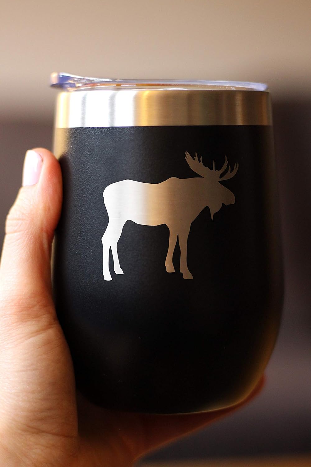 Moose Wine Tumbler with Sliding Lid - Stemless Stainless Steel Insulated Cup - Cute Outdoor Camping Mug - Black
