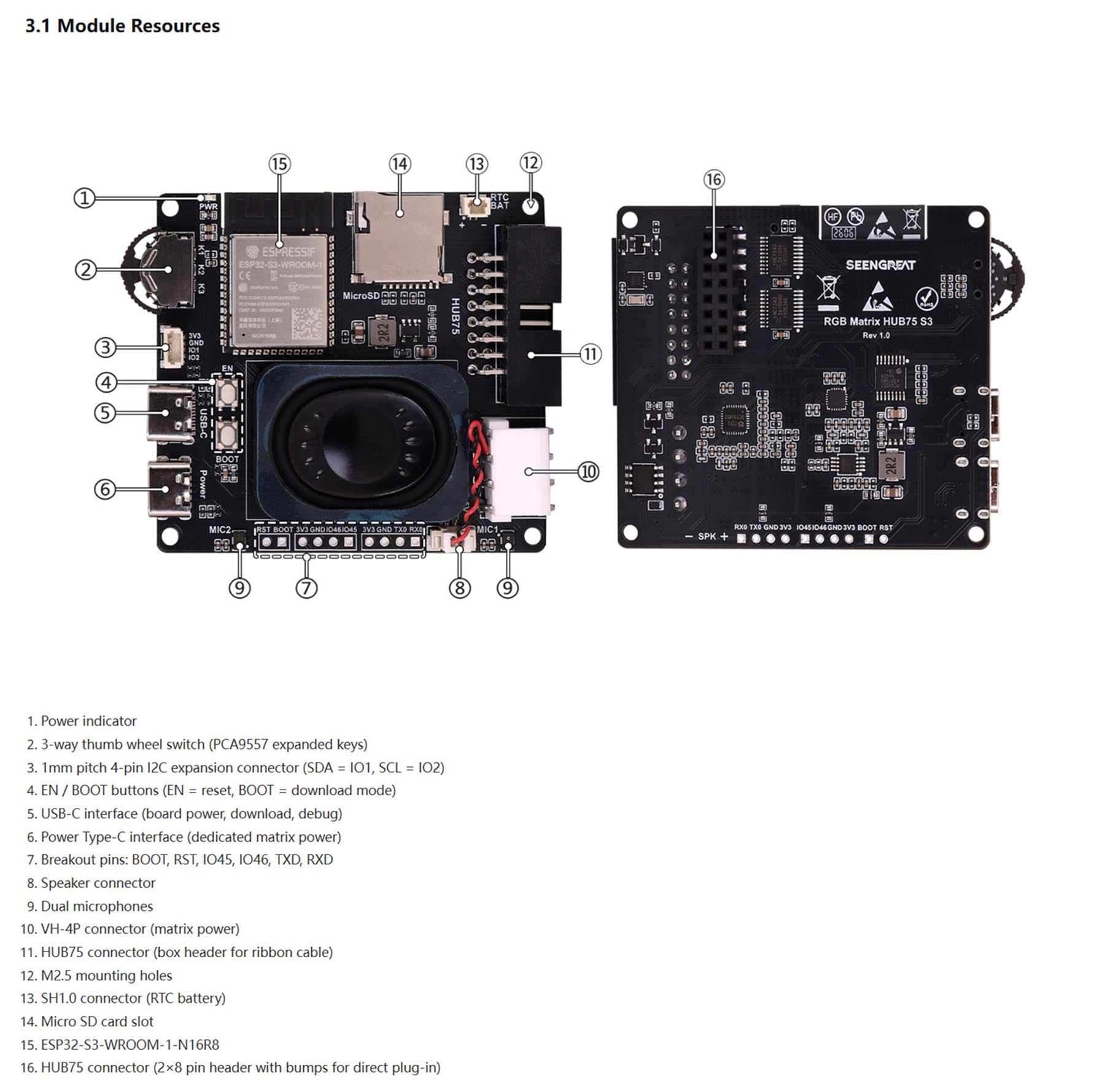 HUB75 płyta kontrolera matrycy RGB z microSD, audio i RTC | Programowalny kontroler matrycowy LED z dwoma portami HUB75, zasilaniem typu C, wejście/wyjściem audio