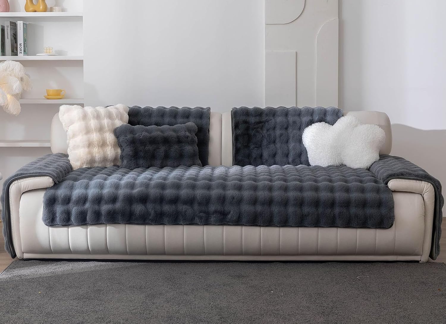 vctops Luxury Thick Faux Fur Plush Couch Cover Ultra Soft Anti-Slip Sofa Cover Fluffy Furry Sofa Slipcover Washable Furniture Protector for Kids Dogs Cats Pet (Dark Grey,36"x63")