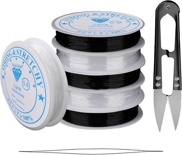 6 Pcs Elastic String, 0.8mm Clear Elastic for Bracelet Making, Invisible Thread Nylon Fishing Wire for Jewellery Making Beading & Hanging Decorations with Needle and Scissors (Clear, Black)