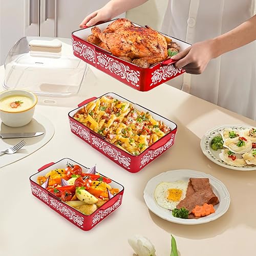 Miniatura 7 de Juego de 3 platos de cerámica para hornear, cacerolas profundas antiadherentes para horno, microondas y lavavajillas, utensilios rectangulares de