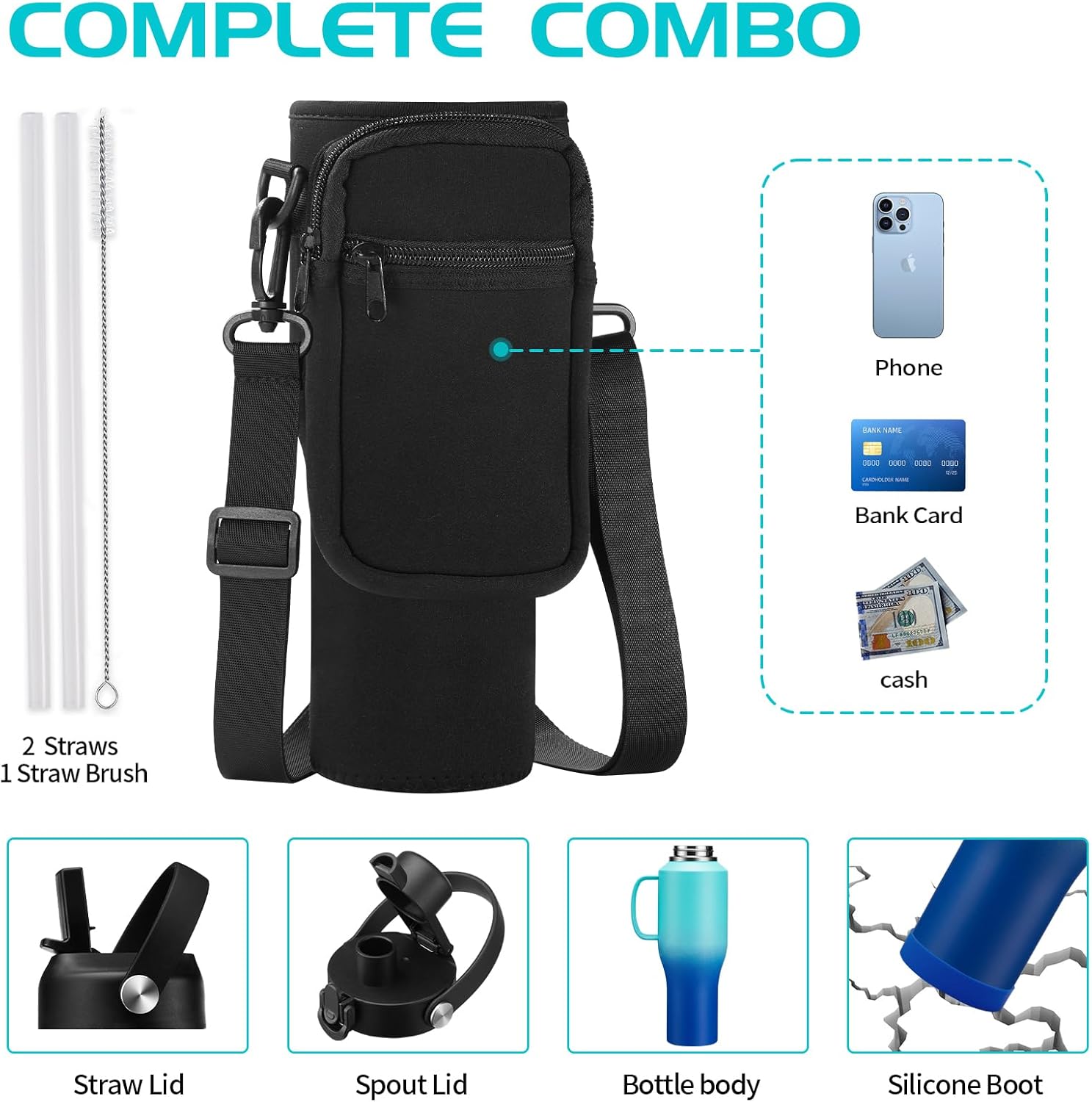 40 oz Insulated Water-Bottle that fits in Cup Holder - Cold 48h/Hot 24h, Stainless Steel Tumblers with Lids and Straws & Bottle Sleeve, Leak Proof Metal Flask Cup, Travel Coffee Tumbler with Handle - Image 4