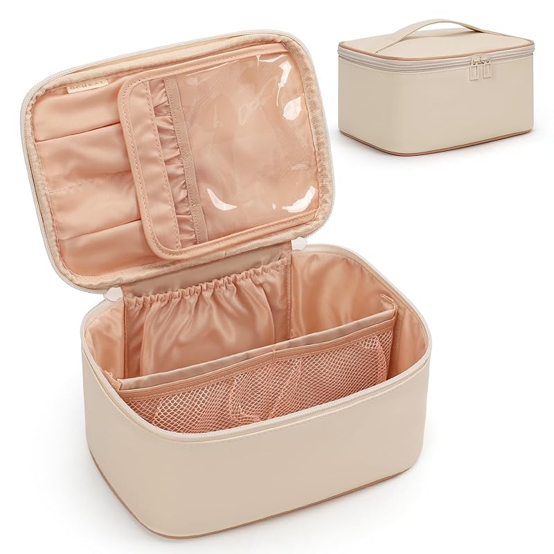 Necessaire de maquiagem OCHEAL bege com divisórias, compartimento para pincéis e zíper duplo