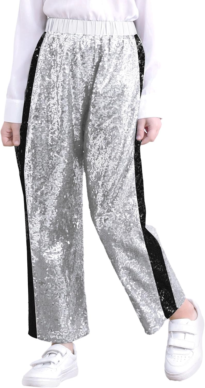 Kids Sparkly Sequins Long Pants Girls Boys Straight-Leg Trousers for Jazz Hip Hop Dance Performance