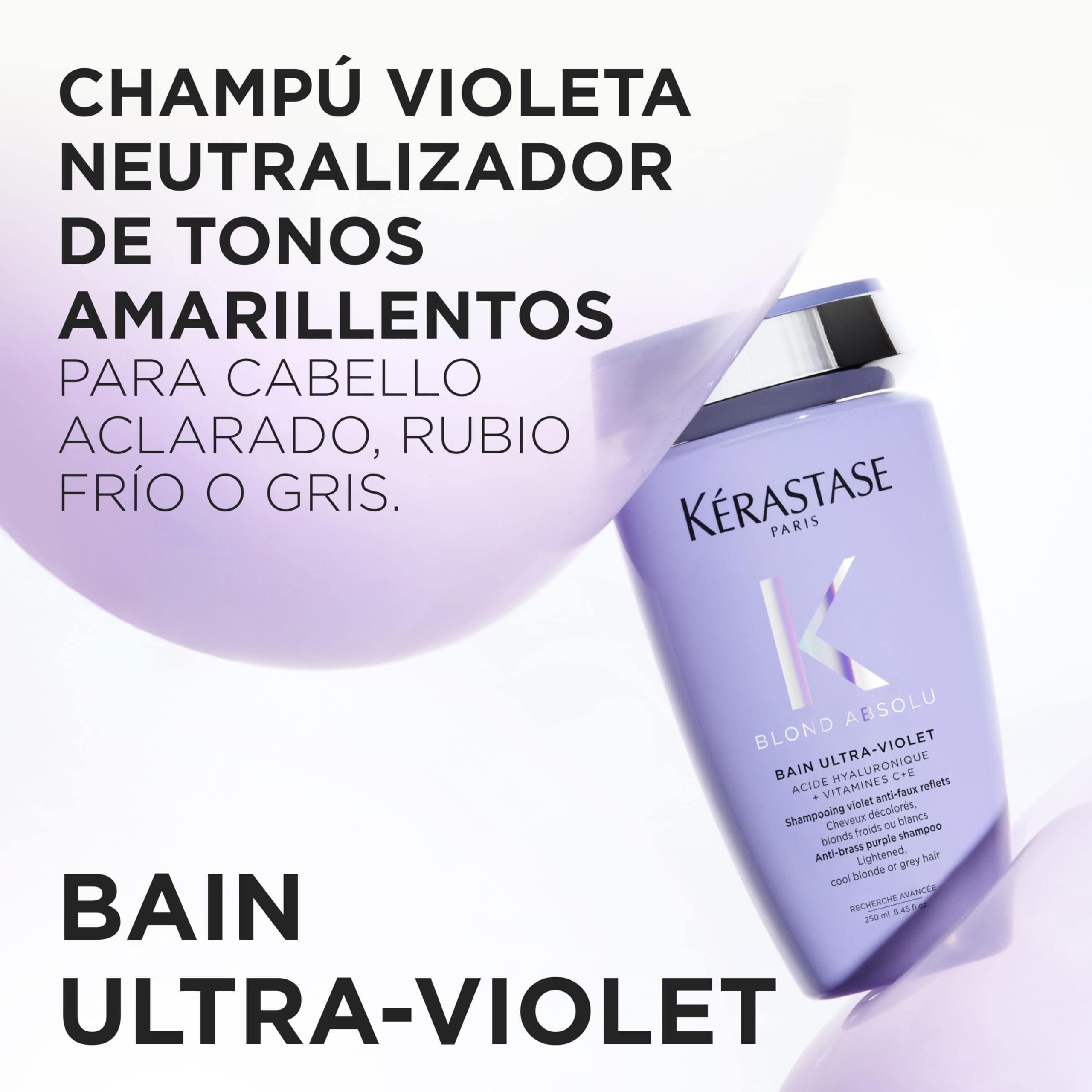 Kérastase Blond Absolu, Champú Ultravioleta Neutralizante, Para Pelo Teñido y Decolorado, Con Ácido Hialurónico, Bain Ultra-Violet, 250 ml