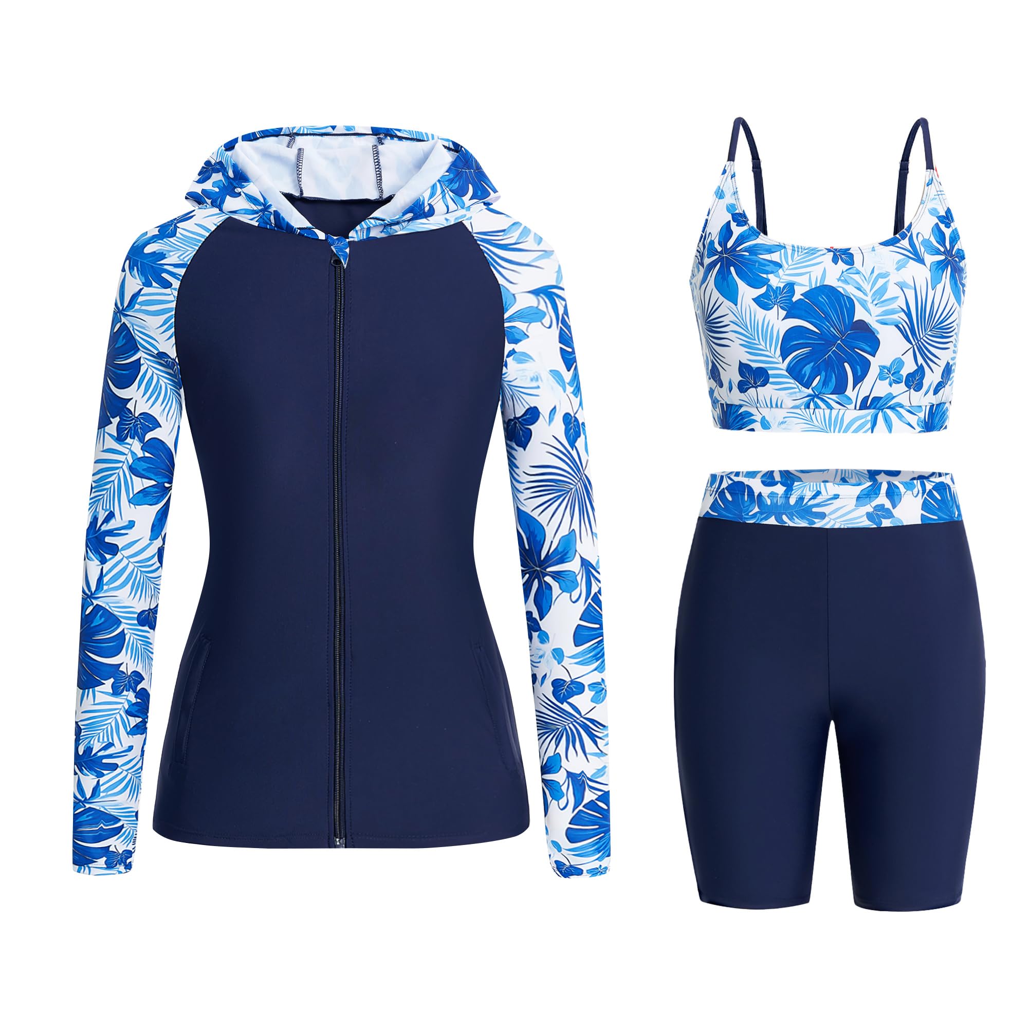 Owntop Damski 3-częściowy zestaw Rash Guard | UPF50+ stroje kąpielowe z kapturem koszulka UV | koszulka z długim rękawem z zamkiem błyskawicznym Rashguard Shirts & Bikini Top i szorty z wysokim stanem