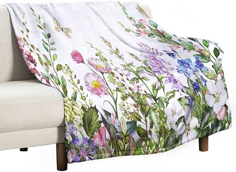 Floral Fleece Throw Blanket, Watercolour Flower Herb Nature Plant Floral Butterfly Super Soft Warm Blanket for Bed & Couch 40"x50", Cozy Fuzzy Throw Blanket for Travel Camping