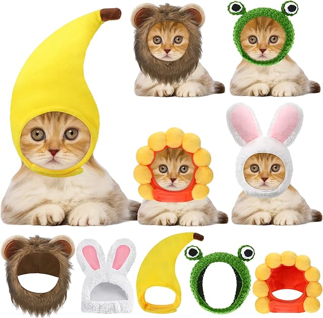 5 Pcs Cat Hat Adorable Costume Bunny Hat with Ears Funny Mane Cat Hat for Cats and Small Dogs Kitten Puppy Party Costume Accessory Headwear (Lion, Frog, Rabbit, Sunflower, Banana)