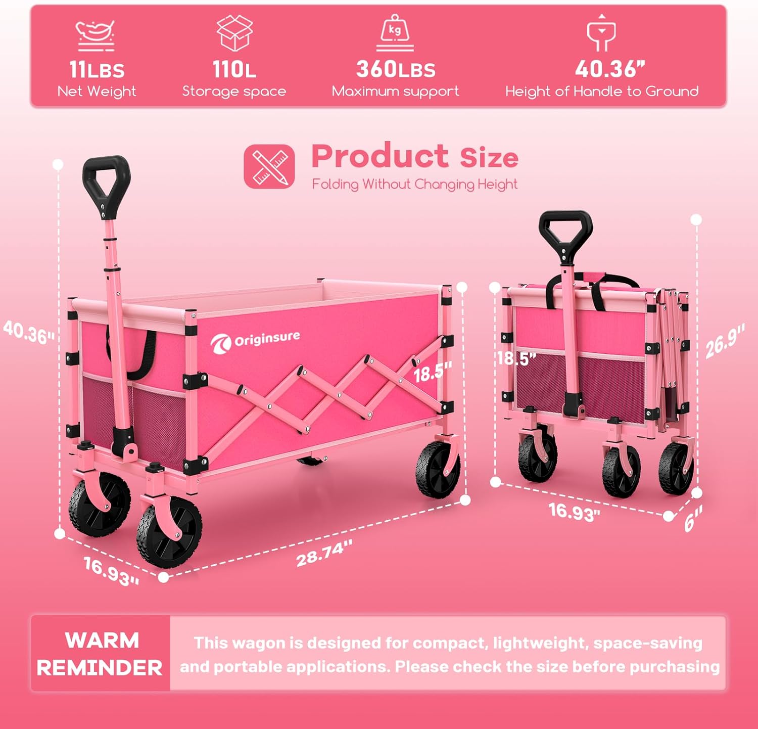 collapsible wagon cart foldable - lightweight portable heavy duty folding beach wagons with wheels - outdoor utility carts for grocery, camping, shopping with large capacity - pink