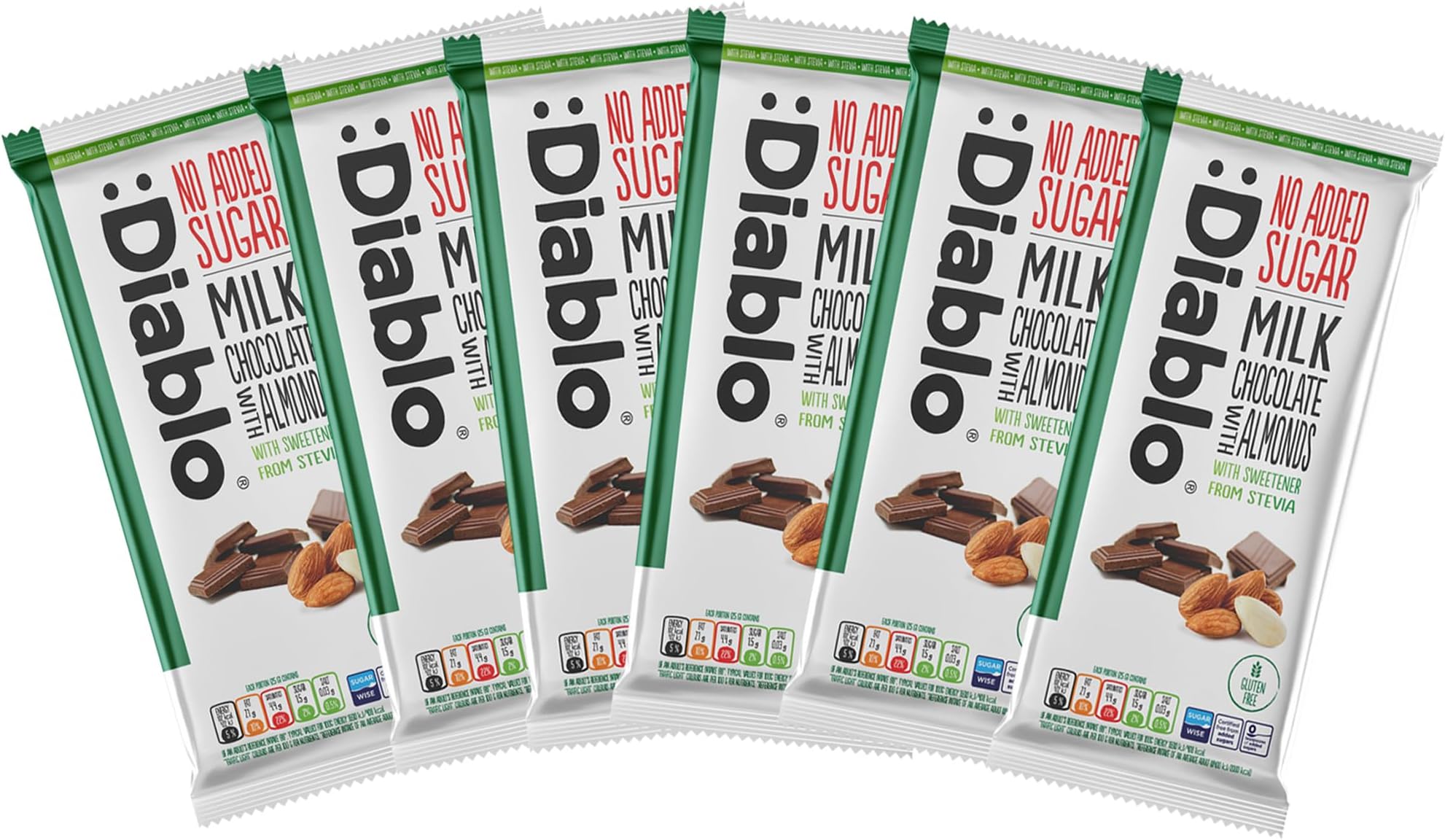 Diablo No Added Sugar Chocolate Bar – Milk Chocolate with Almonds, Sweetened with Stevia, Gluten Free, Ideal for Any Occasion, Birthdays, Valentines, or Gift Hampers, 75g (Pack of 6)