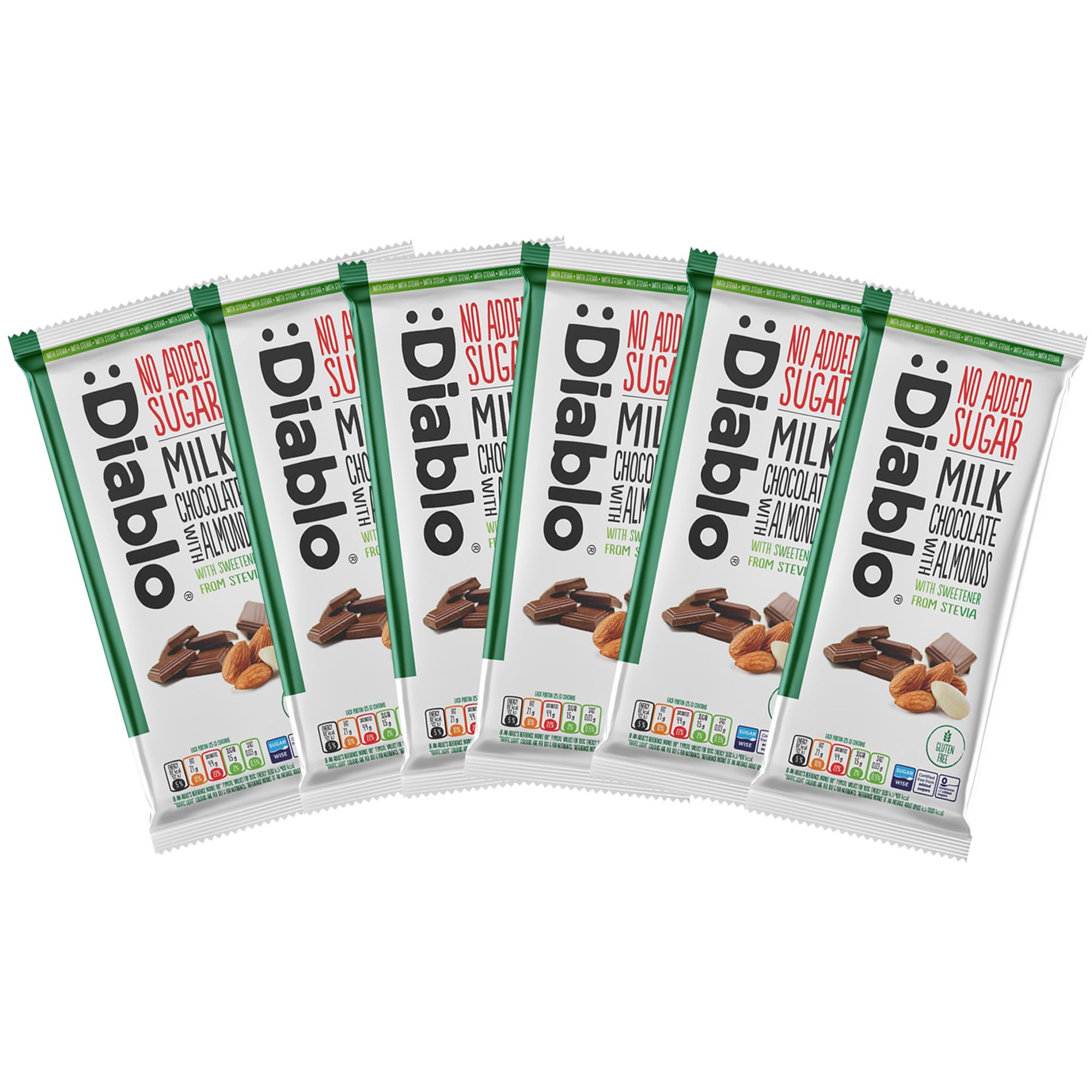 Diablo No Added Sugar Chocolate Bar – Milk Chocolate with Almonds, Sweetened with Stevia, Gluten Free, Ideal for Any Occasion, Birthdays, Valentines, or Gift Hampers, 75g (Pack of 6)