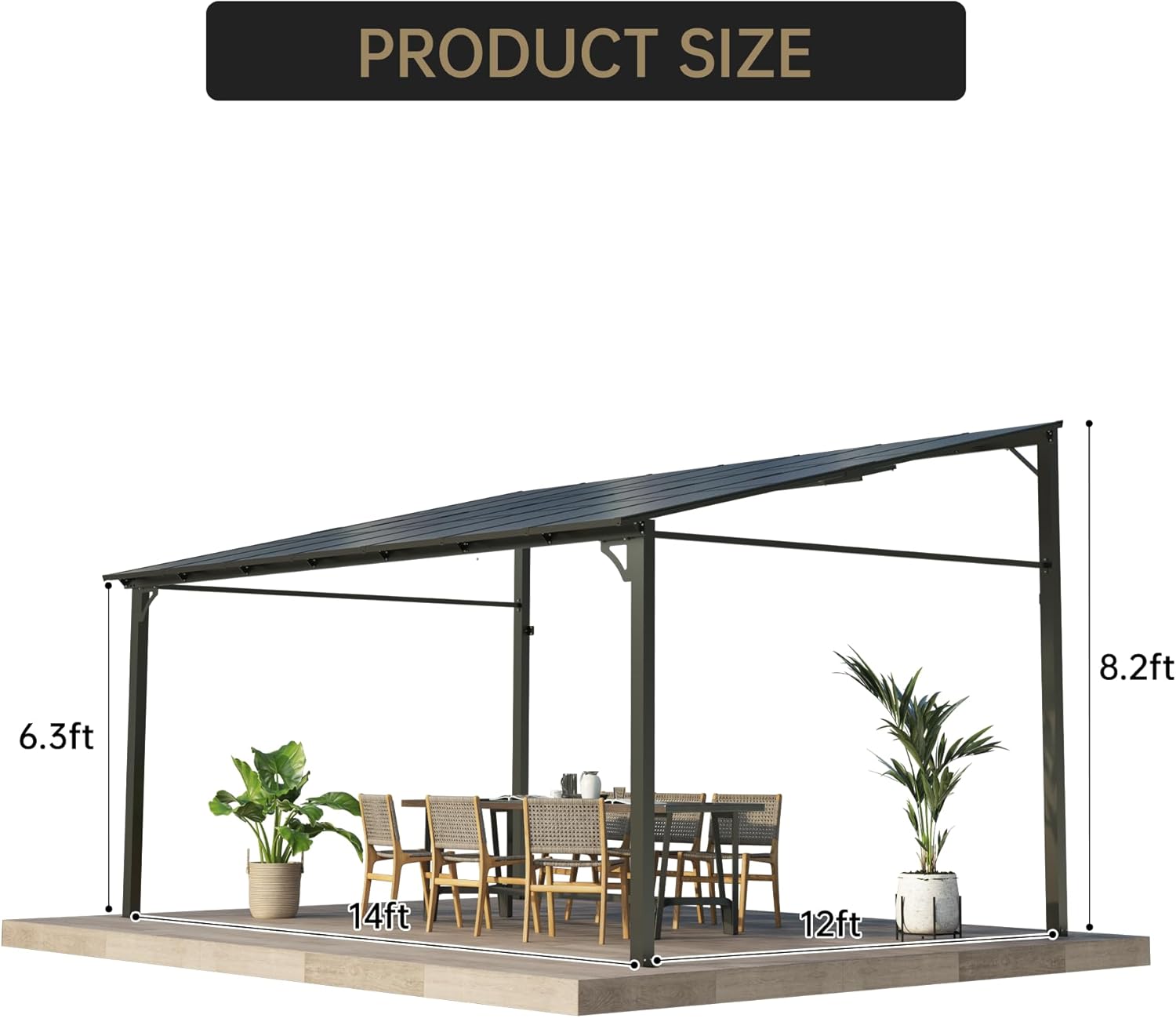 12x14FT Lean to Gazebo, Heavy-Duty Wall-Attached Gazebo with Aluminum Frame, Hardtop Metal Pergola with 6mm Anti-UV Polycarbonate Roof, Outdoor Patio Cover for Deck, Yard, Party