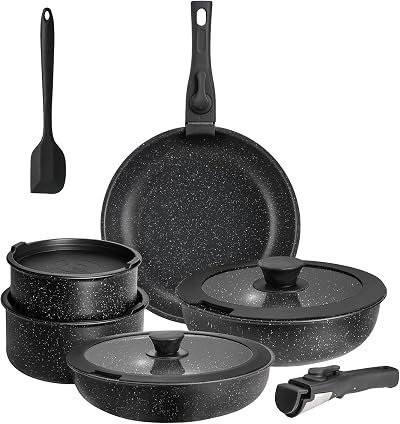 Sweetcrispy 12-Piece Granite Nonstick Pots and Pans Set, Black