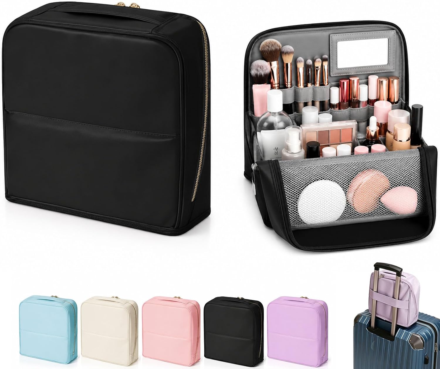 Stylish Handheld Partitioned Cosmetic Bag, Large Waterproof PU Leather Travel Makeup Organizer Case with Dividers (Black, L)