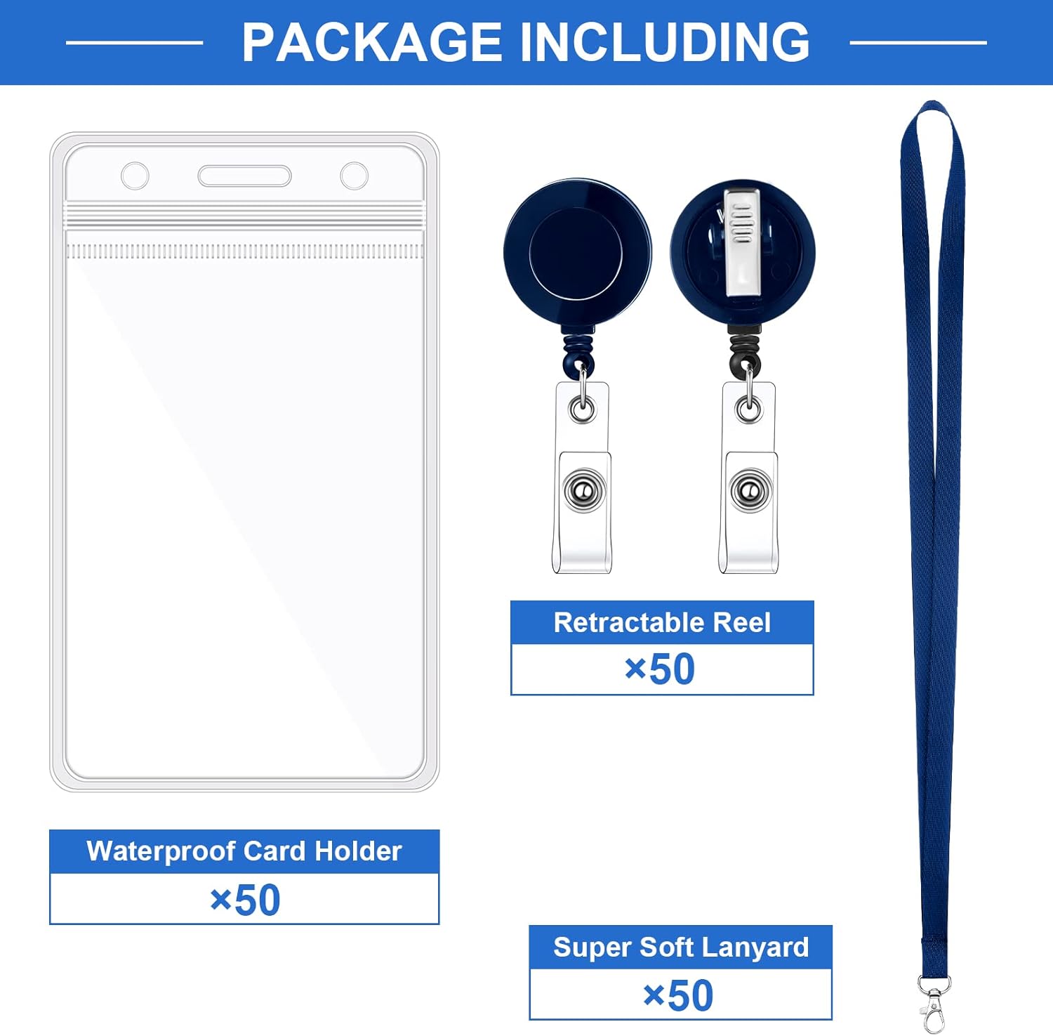 Woanger 50 Pack Cruise Lanyard with ID Holder Sets Navy Blue Lanyards with Retractable Badge Reel Clear Name Tag Holders Waterproof ID Badge Holders for Business Conference Carnival Sail Keys - Image 3