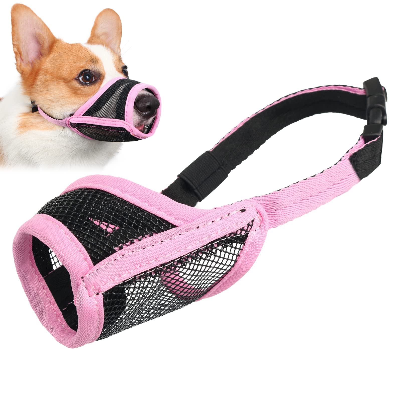 LUCKYPAW Bozal para perro, bozal de malla para perros pequeños y medianos, cubierta bucal suave para evitar mordeduras, protector bucal ajustable y transpirable para cachorros (rosa, S)