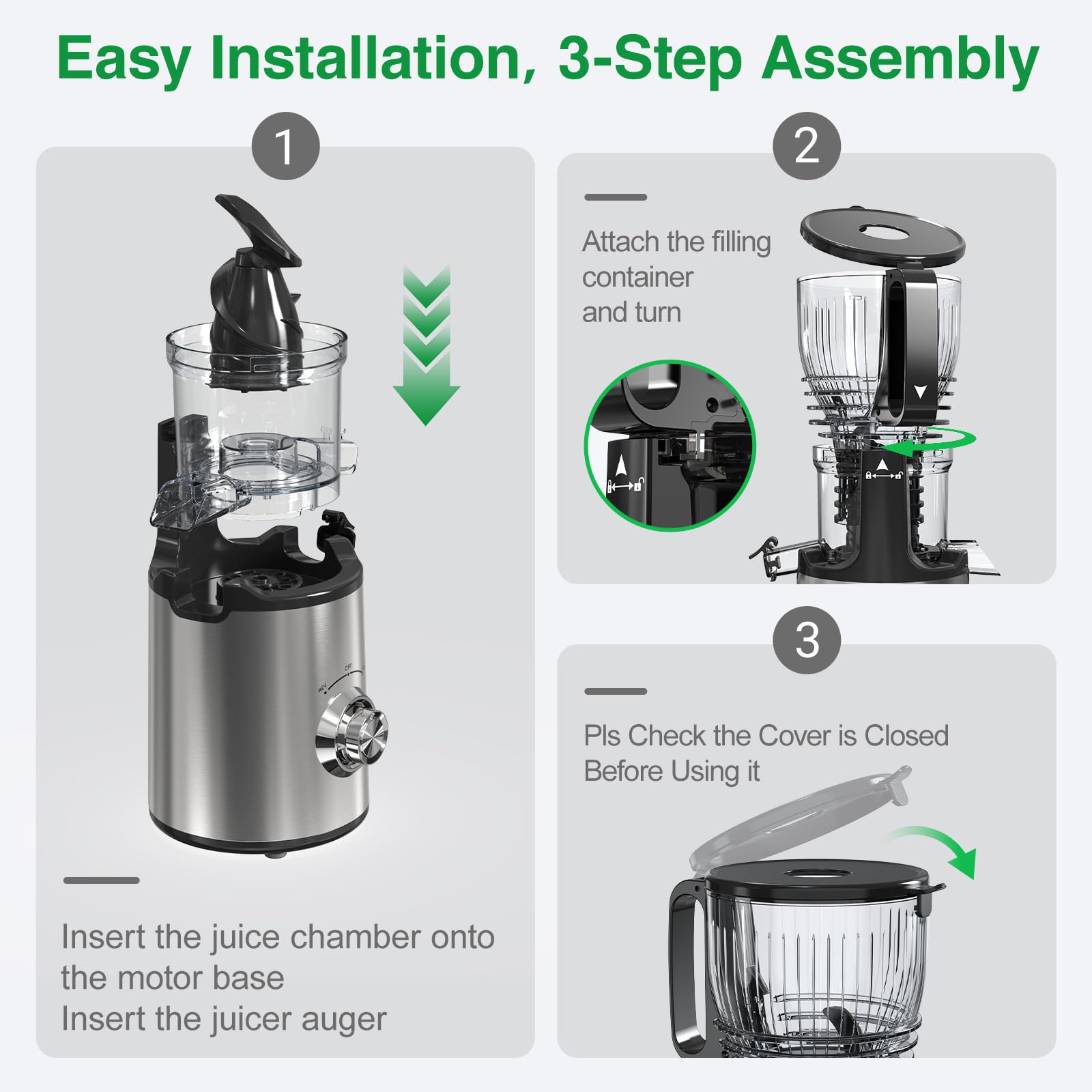 Extractor de Zumos y Verduras, 148mm Capacidad 2L Licuadora Prensado en Frio, 300W Extractor de Jugo Juicer Machine, Función de Masticación Inversa, Fácil de Instalar y Limpiar, Dos Tazas, Uno Cepillo