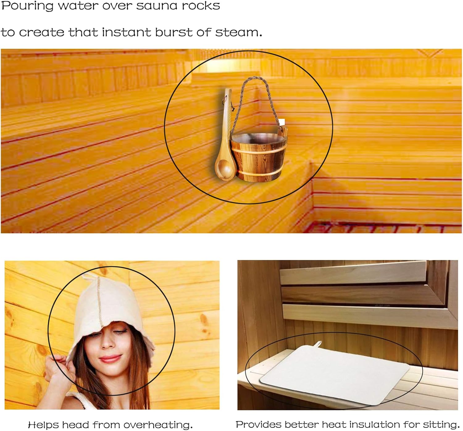 Red Cedar Sauna Bucket and Ladle Set, withSauna Hat and Seat Pad, Traditional Wooden Water Bucket 1.3 Gallon with Plastic Liner for Sauna Room Sauna Heater