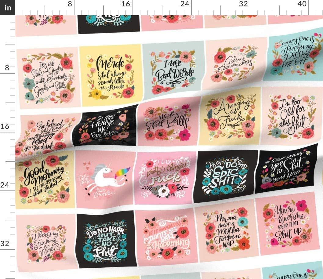 Spoonflower Fabric - Swear Word Panels Pink Flowers Floral Words Printed on Petal Signature Cotton Fabric Fat Quarter - Sewing Quilting Apparel Crafts Decor