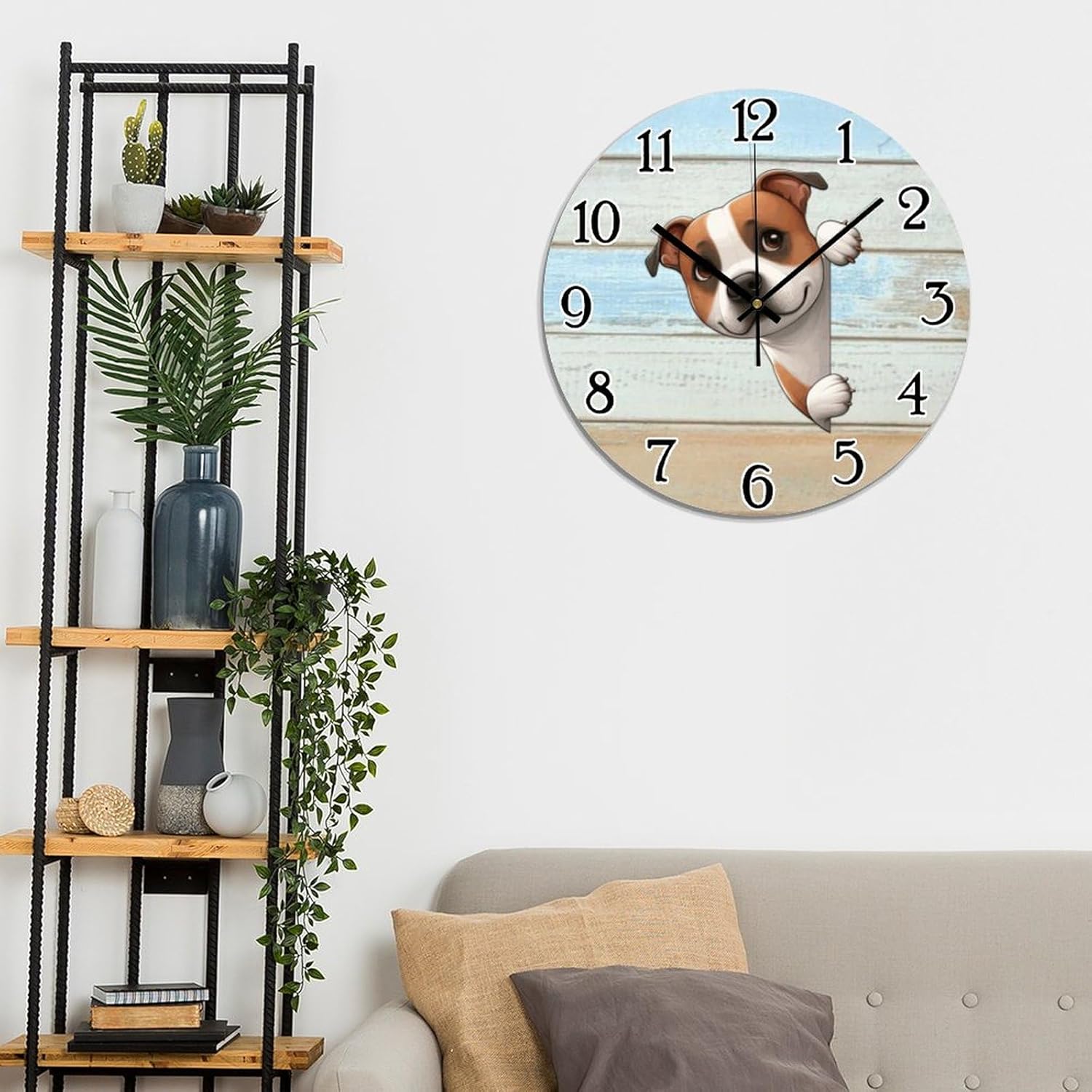 Staffordshire Bull Terrier Wall Clock 15 Inch Silent Non Ticking Clock PVC Dog Peeking Around Corner Wall Clock Battery Operated Rustic Farmhouse Wall Clock Decor for Kitchen Bedroom