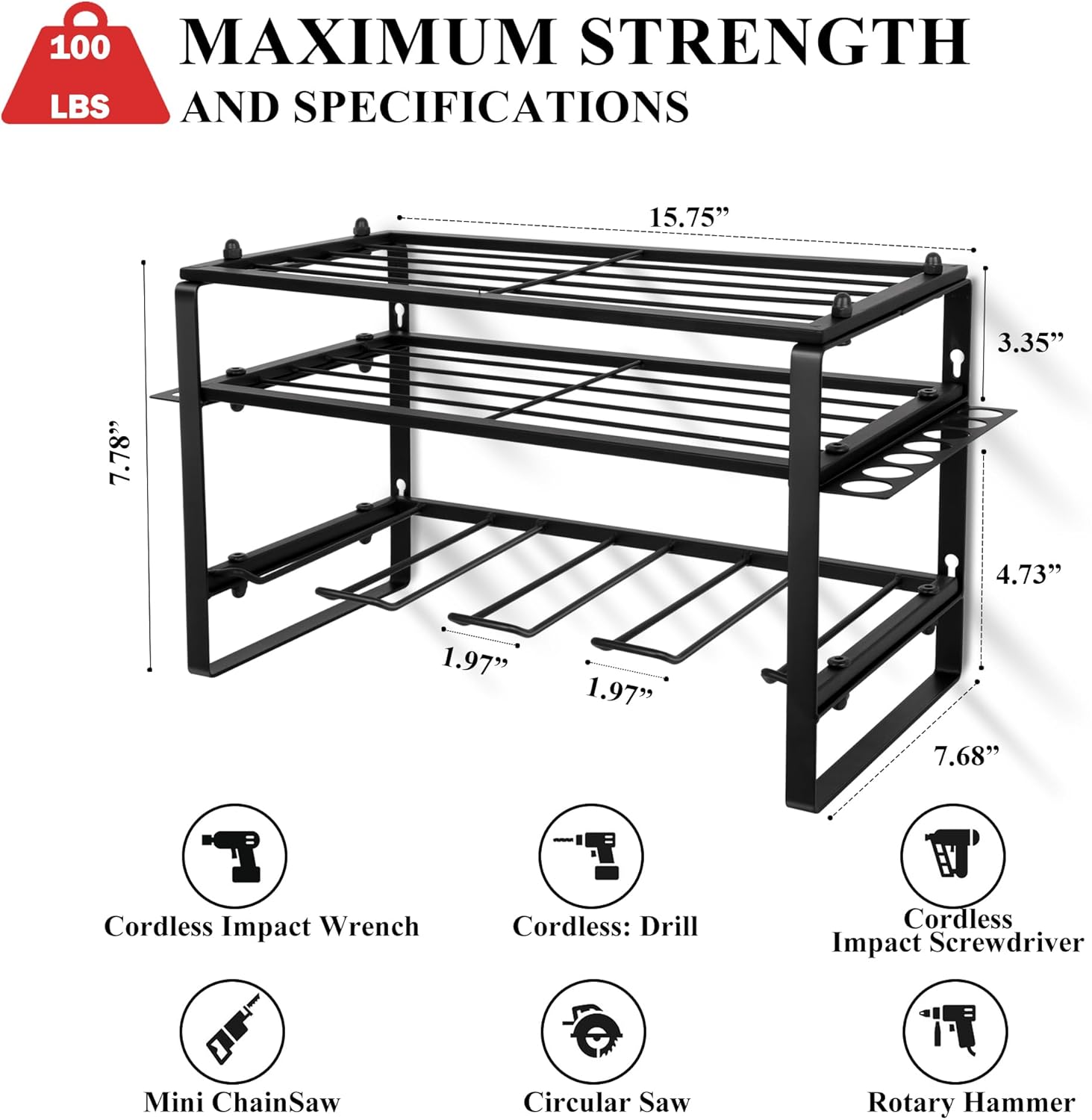 Heavy Duty Power Tool Organizer Rack, Garage Wall Mounted Electric Drill Storage Rack with 100lbs Weight Limit